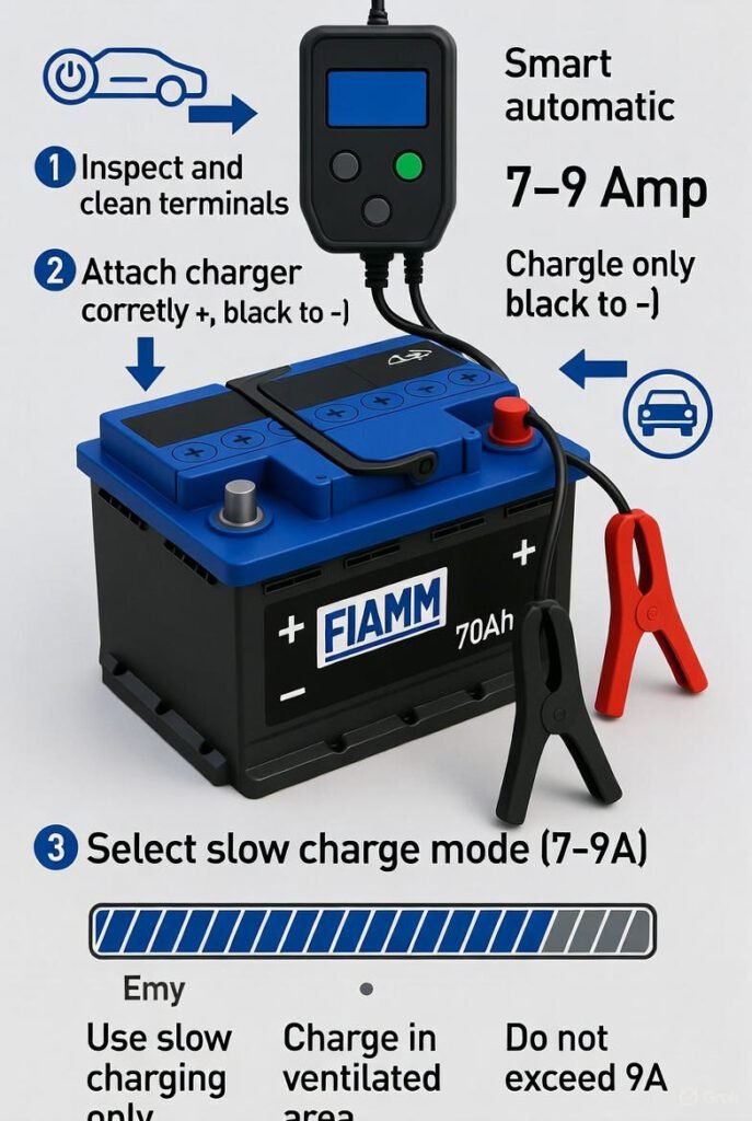 Instructional infographic of a FIAMM 70Ah car battery connected to a smart charger at 7–9 amps, showing proper clamp placement, slow charging settings, progress indicator, and safety reminders like ventilation and avoiding high amperage.