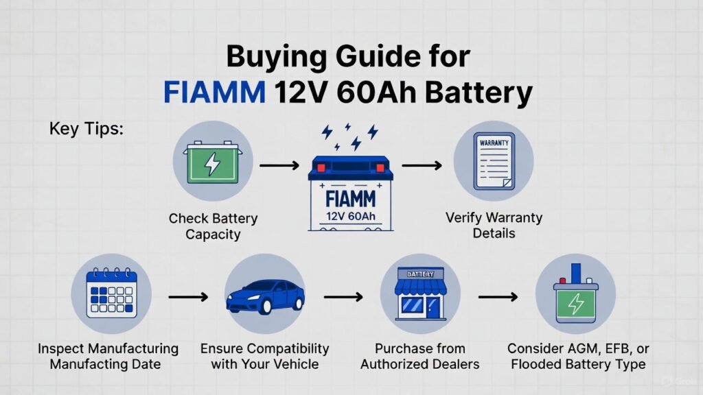 "Infographic showing key tips for buying a FIAMM 12V 60Ah battery, including checking capacity, warranty, manufacturing date, compatibility, and authorized purchase."
