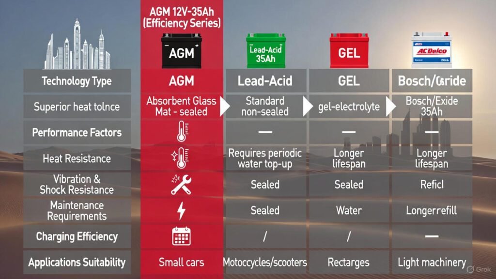 Infographic comparing AGM 12V‑35Ah Efficiency Series battery with Standard Lead‑Acid, GEL 35Ah, and popular Bosch/Exide 35Ah batteries, showing differences in heat resistance, vibration resistance, maintenance needs, charging efficiency, lifespan, and price for UAE conditions.