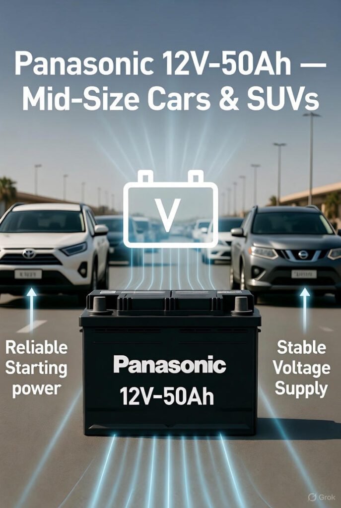 Panasonic 12V–50Ah Car Battery Dubai | Mid-Size Cars & SUVs Panasonic 12V–50Ah battery for mid-size cars and SUVs in Dubai streets