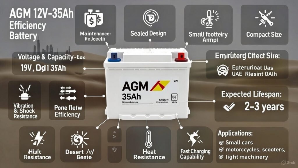Infographic showing AGM 12V‑35Ah Efficiency Series battery with voltage, 35Ah capacity, maintenance-free design, energy efficiency, vibration and heat resistance, fast charging, compact size, lifespan, and applications for Dubai drivers.