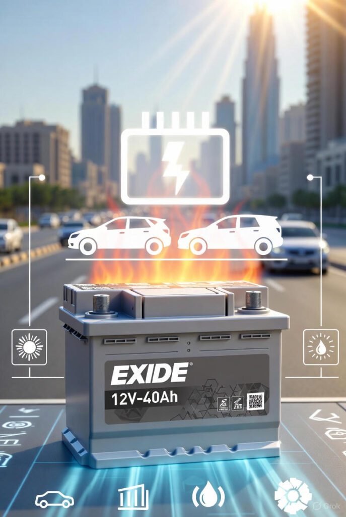 Exide 12V–40Ah Car Battery Dubai | Sedans & Compact SUVs Exide 12V–40Ah battery for sedans and compact SUVs in Dubai streets