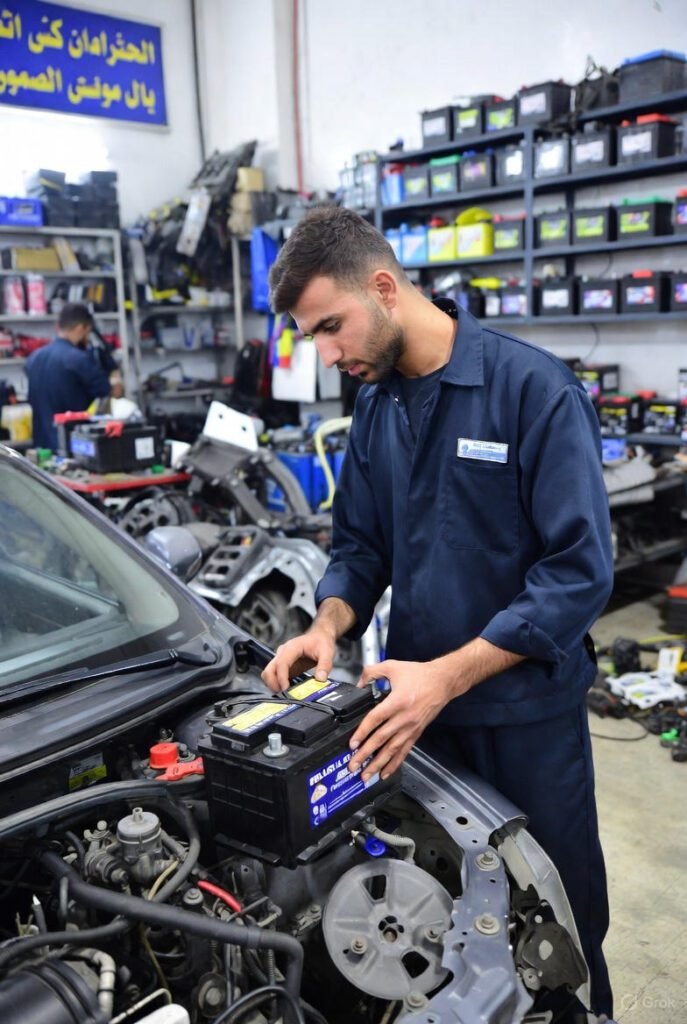 Technician installing cheap car battery in Dubai