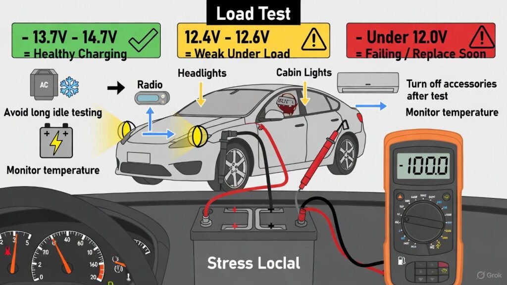 Infographic of a car performing a battery stress load test with AC and headlights on, multimeter attached to terminals showing voltage readings with pass/fail indicators.