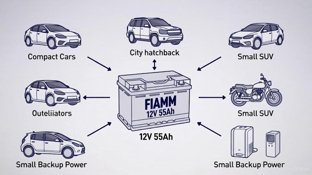 "Applications of FIAMM 12V 55Ah Car Battery – Automotive and Backup Uses" "Illustration showing FIAMM 12V 55Ah battery connected to compact cars, city hatchbacks, small SUVs, motorcycles, and backup power devices, highlighting its versatile applications."
