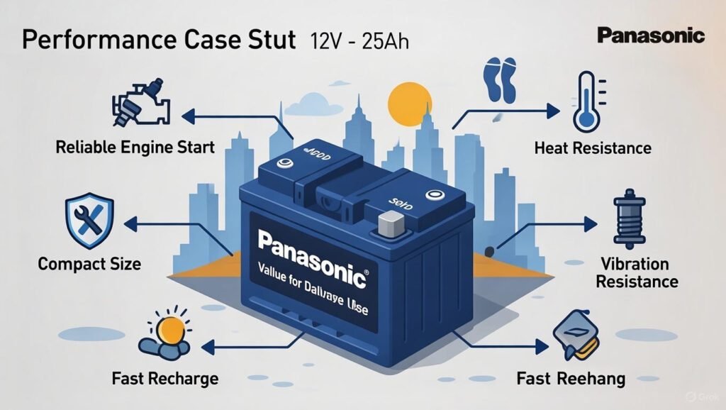 Infographic showing the benefits of using Panasonic 12V – 25Ah battery including reliable engine starts, maintenance-free design, compact size, heat and vibration resistance, quick recharge, and value for everyday use.