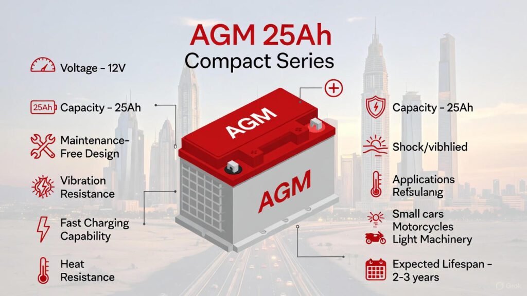 AGM 25Ah Compact Series Battery – Informative Visual Guide Infographic showing AGM 25Ah Compact Series battery with voltage, capacity, maintenance-free design, vibration and heat resistance, fast charging, applications, and expected lifespan.