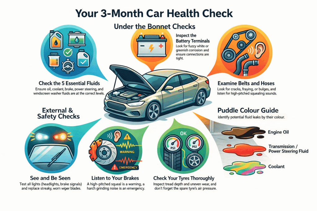 Infographic showing a car battery visual inspection with labeled checks for terminals, casing damage, leaks, corrosion, cable condition, and fluid levels in a clean instructional layout.