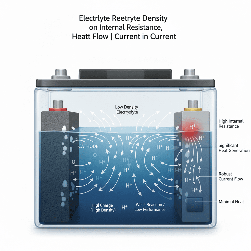 Car battery cross-section depicting density impact on internal resistance.