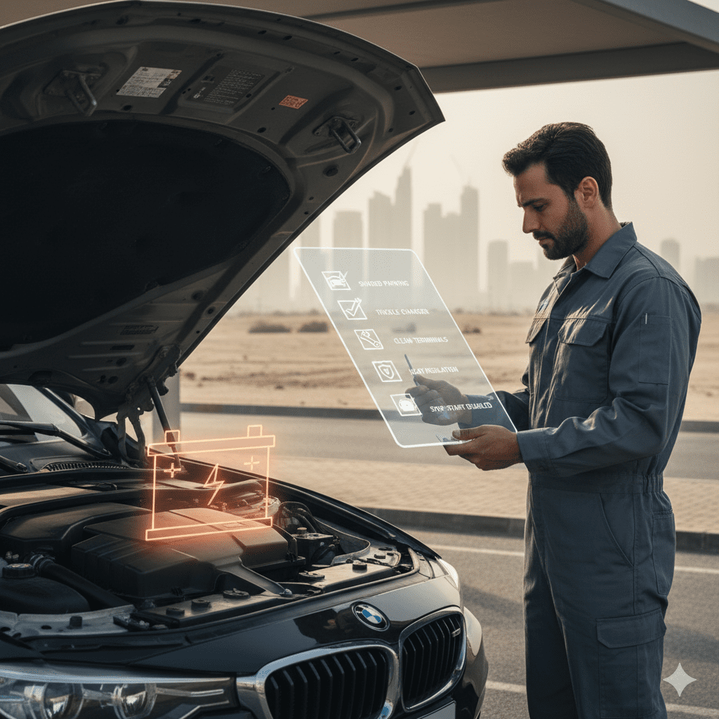 Battery protection checklist for Dubai cars, showing preventive steps against heat and desert conditions.
