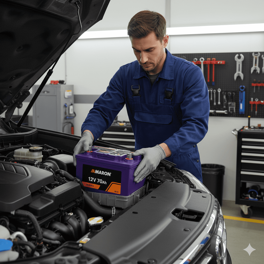 Mechanic installing Amaron Battery 12V 70Ah in SUV