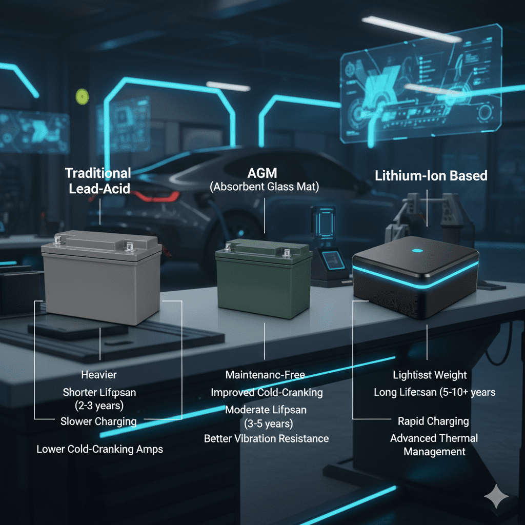 Technology comparison driving EV auxiliary battery evolution Comparison of EV auxiliary battery technologies used in electric vehicles