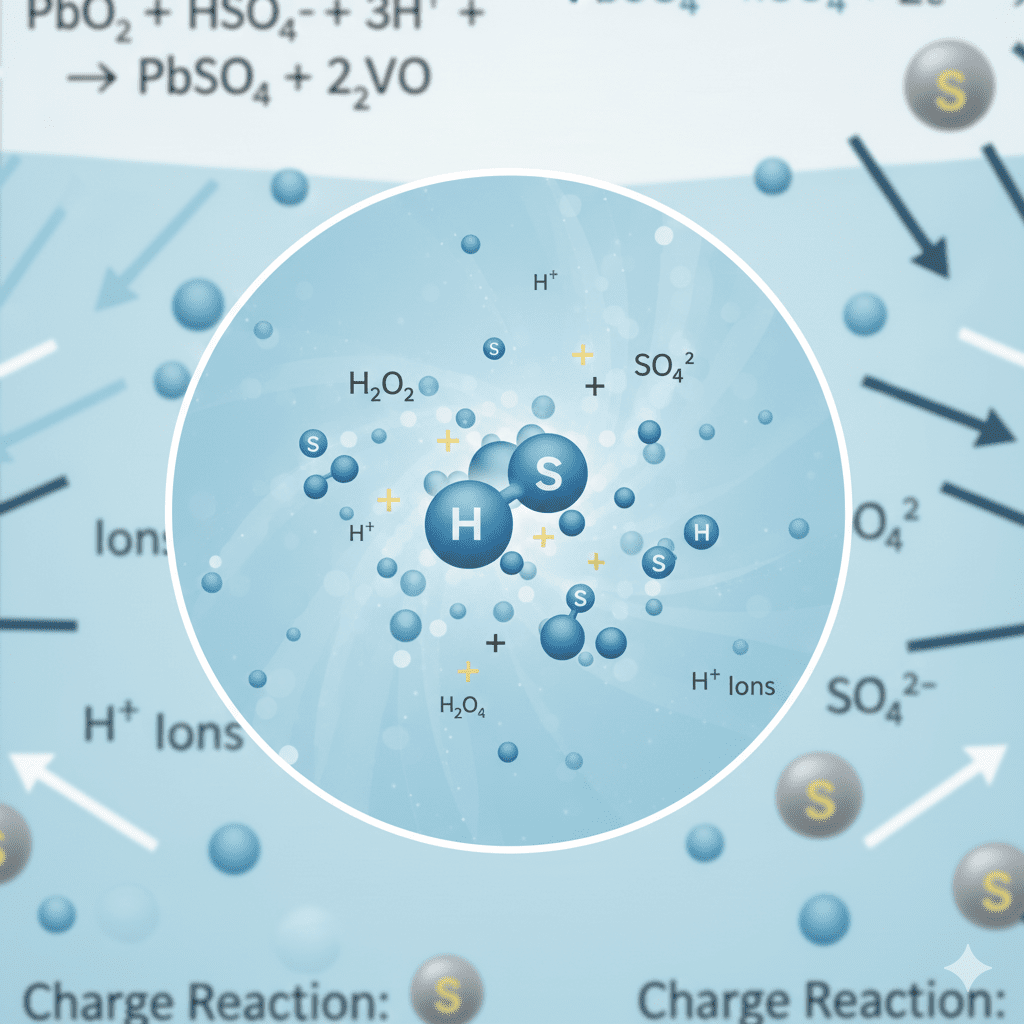 Close-up graphic showing how sulfuric acid separates into ions to create electricity. Sulfuric acid ion dissociation inside battery