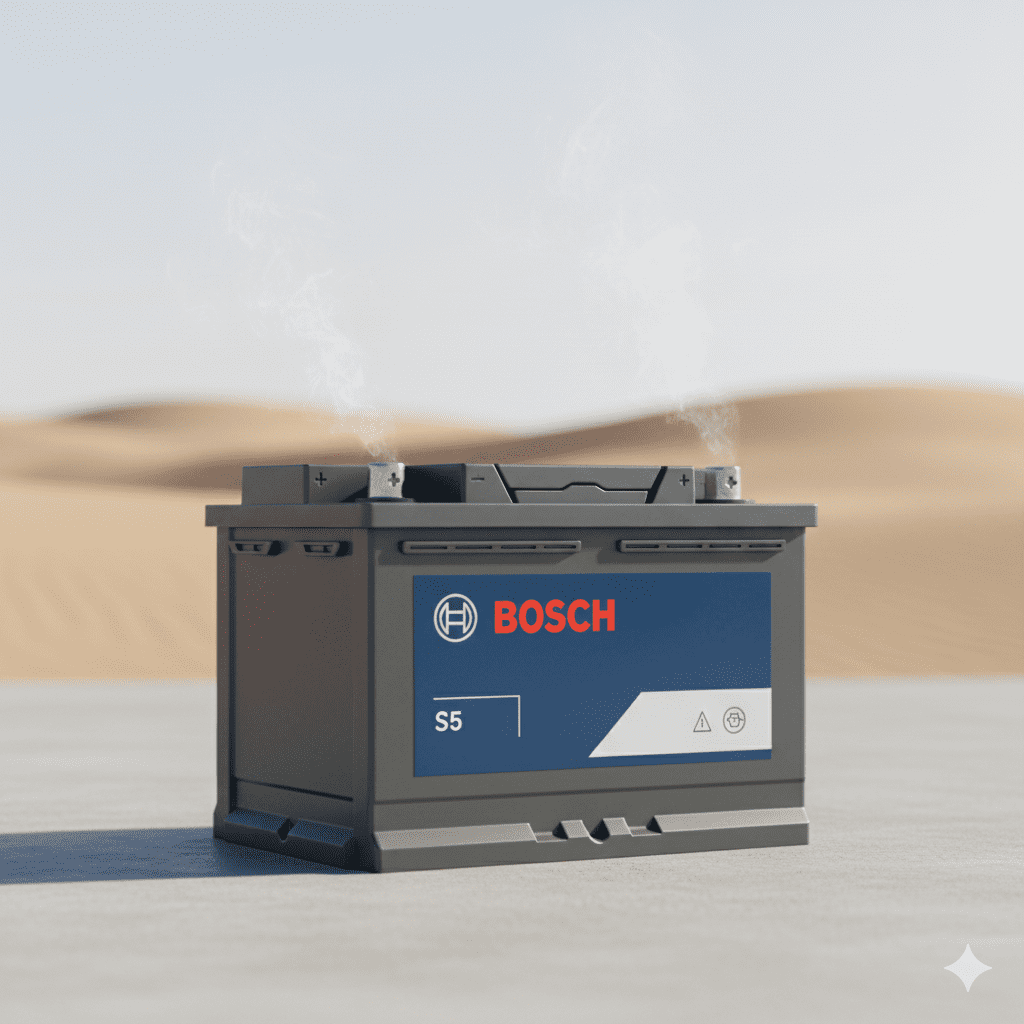 Standalone Bosch car battery with clear branding, suitable for Dubai high-heat conditions.