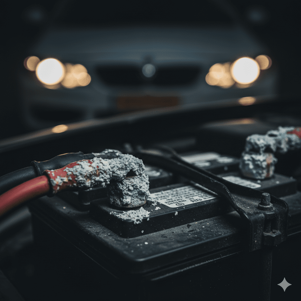 Dimming lights and corrosion are top signs of battery weakness. Car battery corrosion and dim lights indicating battery replacement signs