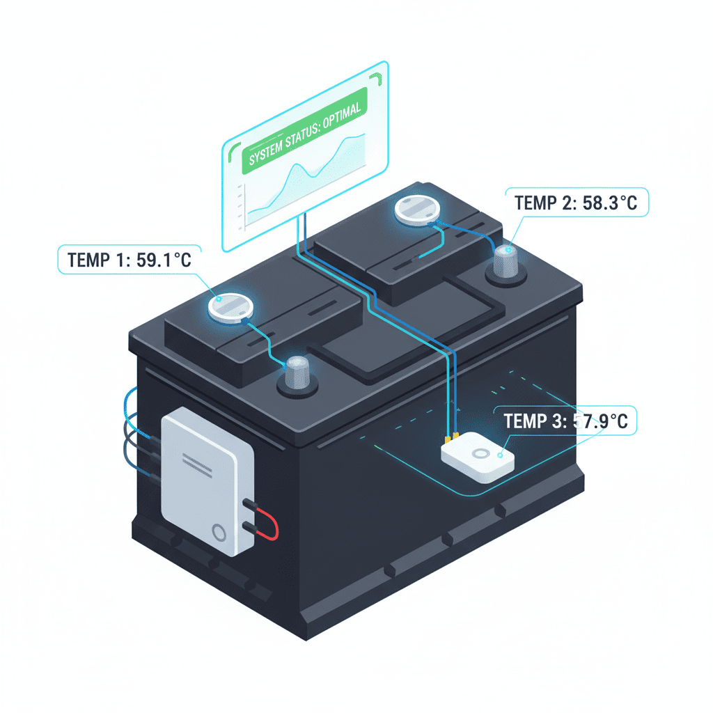 Smart battery temperature sensors detecting overheating early Battery temperature sensor monitoring system