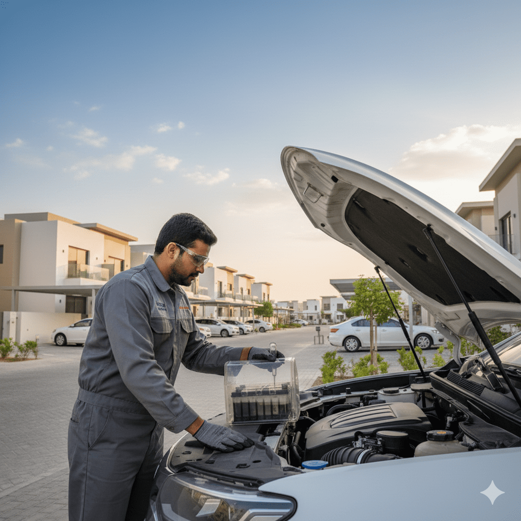 Technician checking battery fluid after angled parking