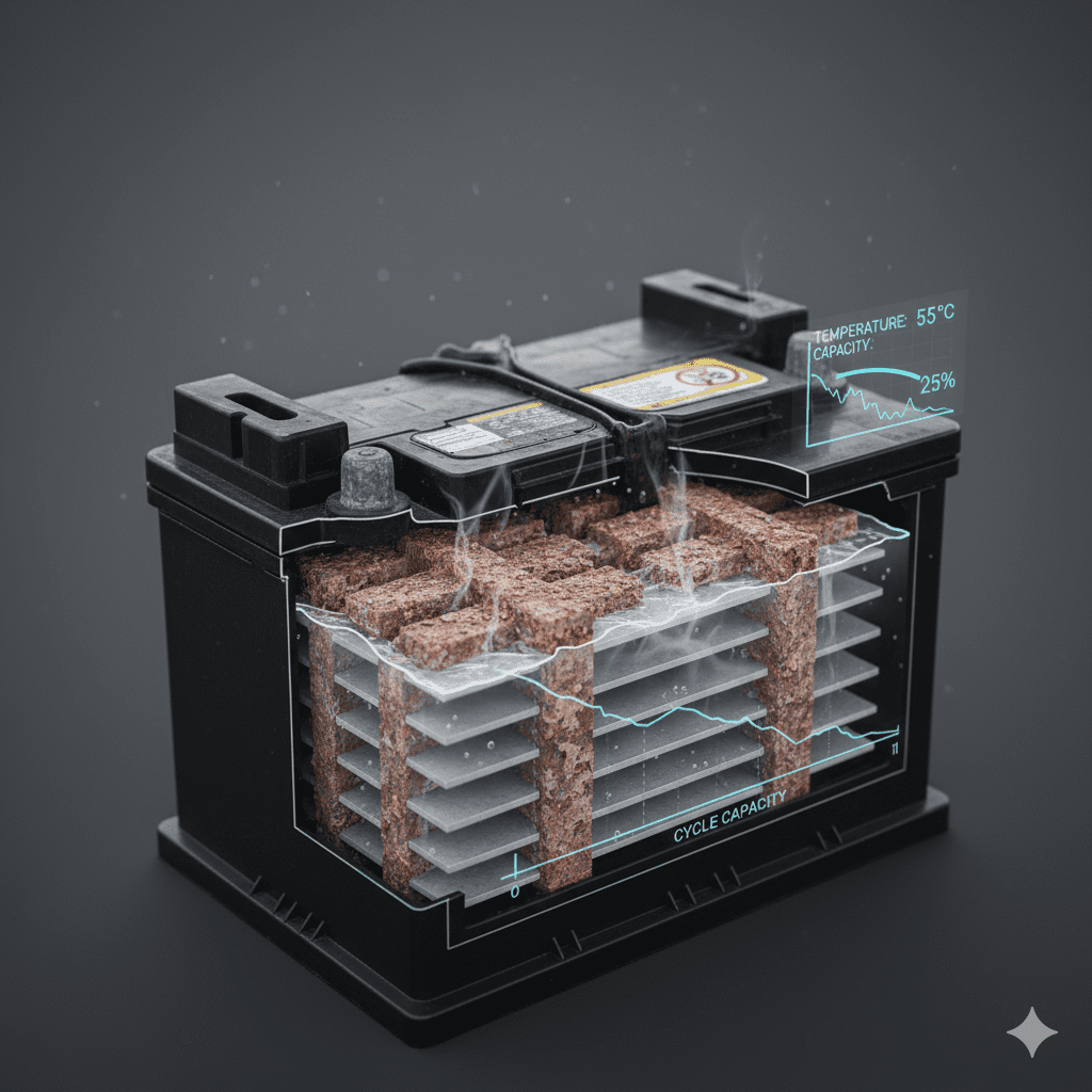 “Electrolyte loss from heat accelerates cycle capacity decline.” “Electrolyte evaporation reducing battery cycling capacity.”