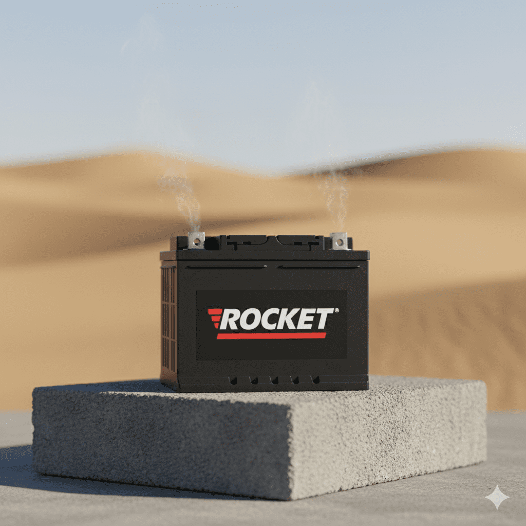 Standalone Rocket car battery with clear branding, suitable for Dubai high-temperature conditions.
