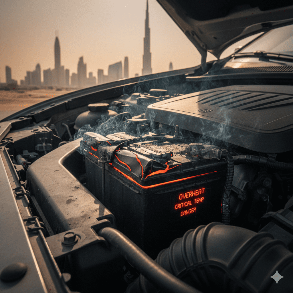 Car battery overheating due to extreme Dubai temperatures in engine bay.
