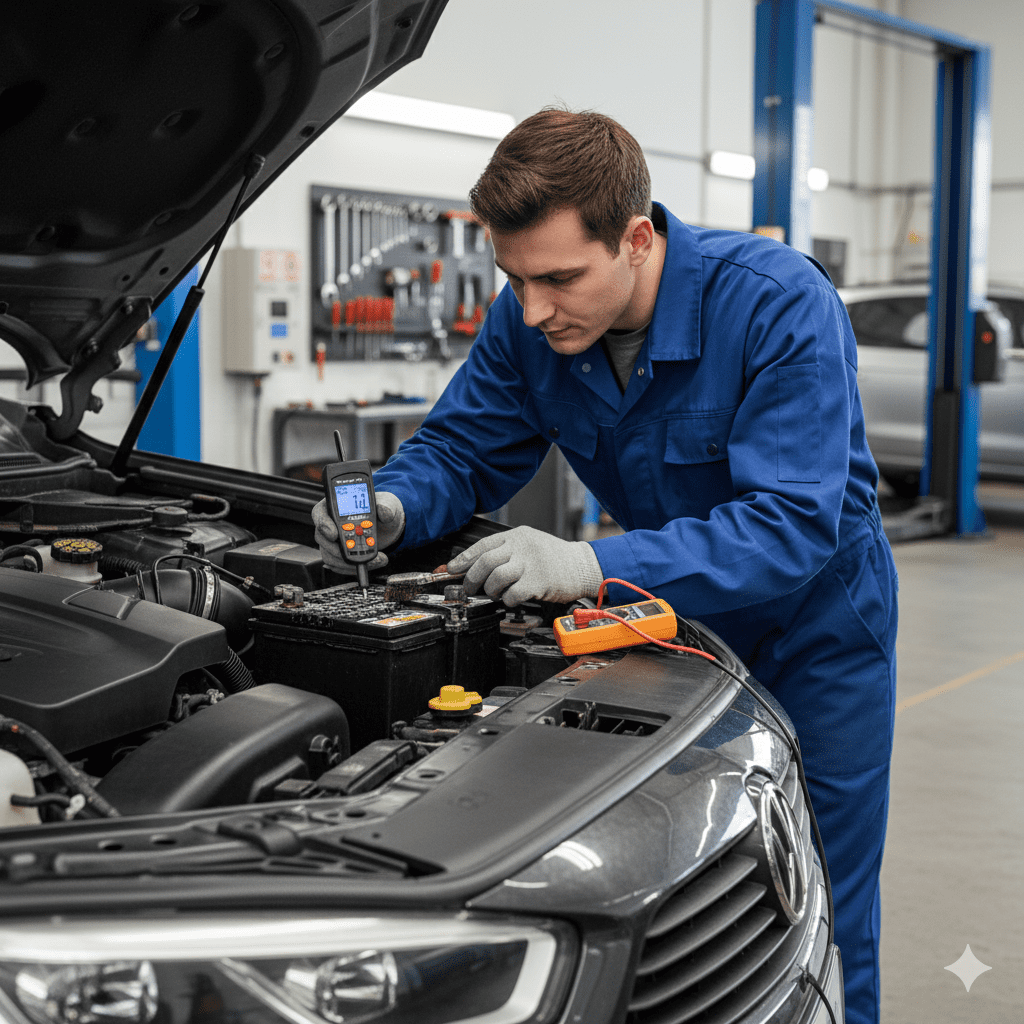 Technician inspecting battery for corrosion.
