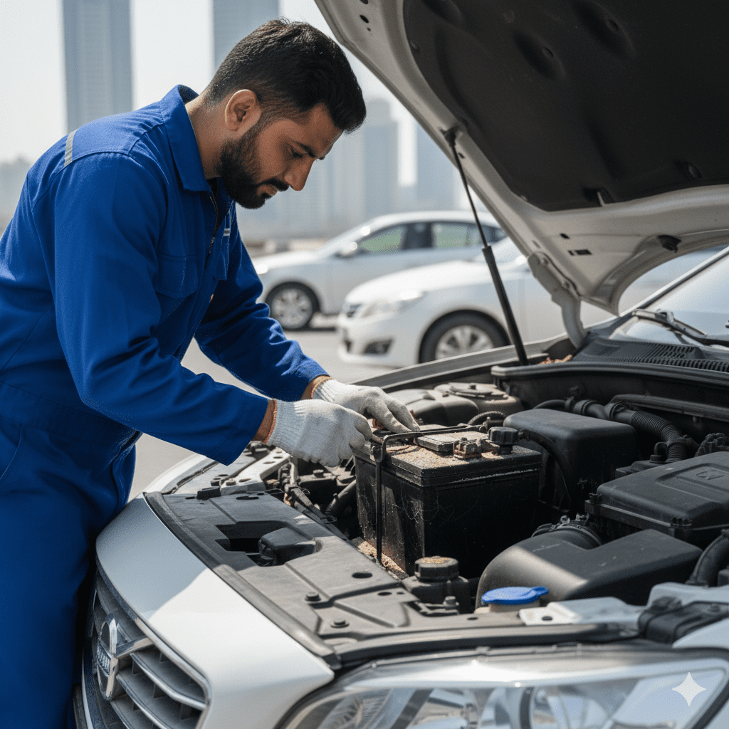 Technician inspecting insulation for cracks and corrosion caused by Dubai environment.