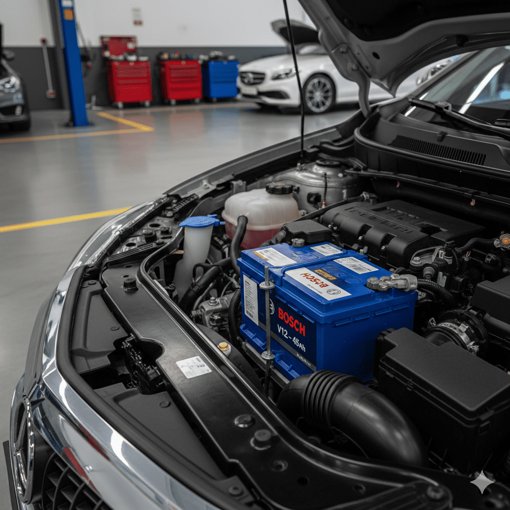 Bosch V12 – 45Ah car battery in vehicle engine bay