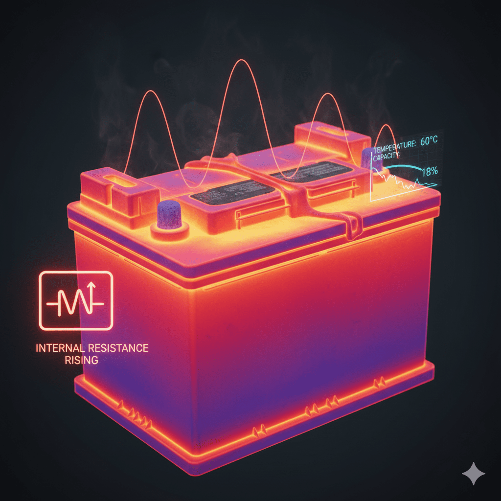 “Increasing internal resistance under heat reduces usable cycles.” “Heat increasing internal resistance affects cycling capacity.”