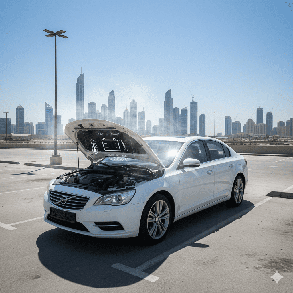 Depiction of state-of-charge drop under extreme Dubai sunlight. Battery SOC drop due to heat in Dubai.