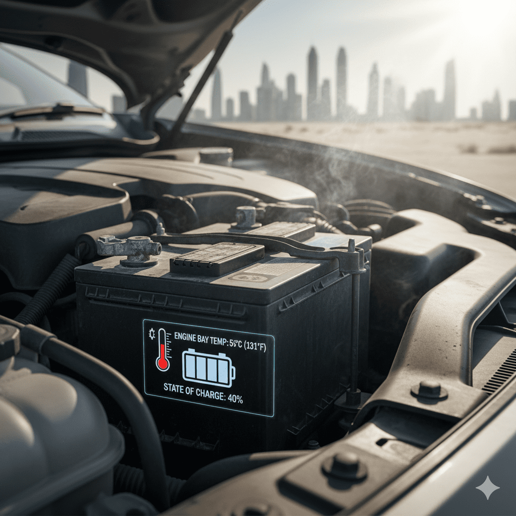 A technician checks low state of charge caused by high temperature in Dubai. Low battery SOC testing in Dubai.