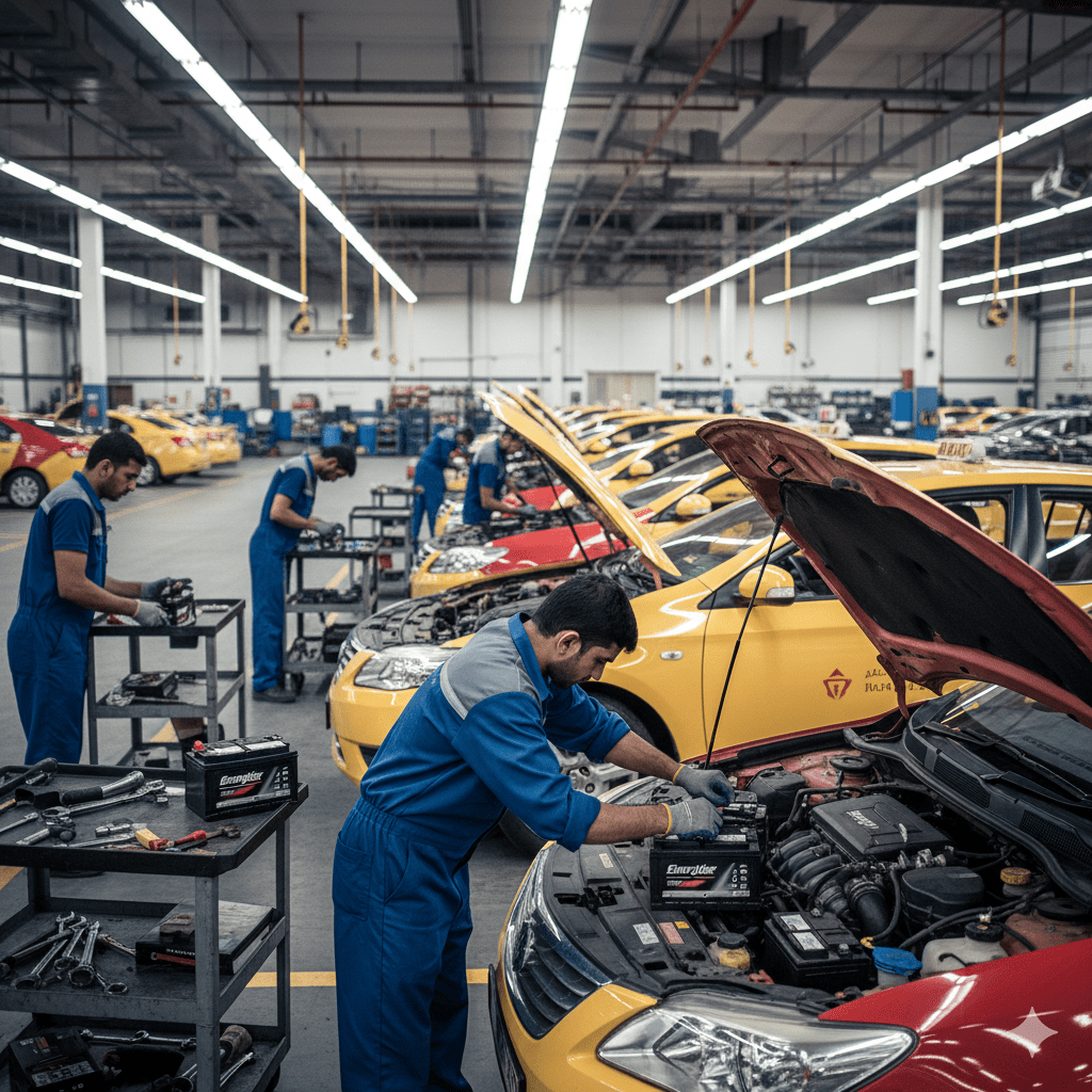 Dubai taxi fleet receiving Energiser battery replacement service.