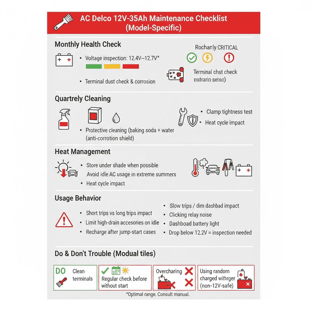 Maintenance tips for AC Delco 12V-45Ah battery including voltage checks, terminal cleaning, clamp tightening, heat management, and usage guidance.