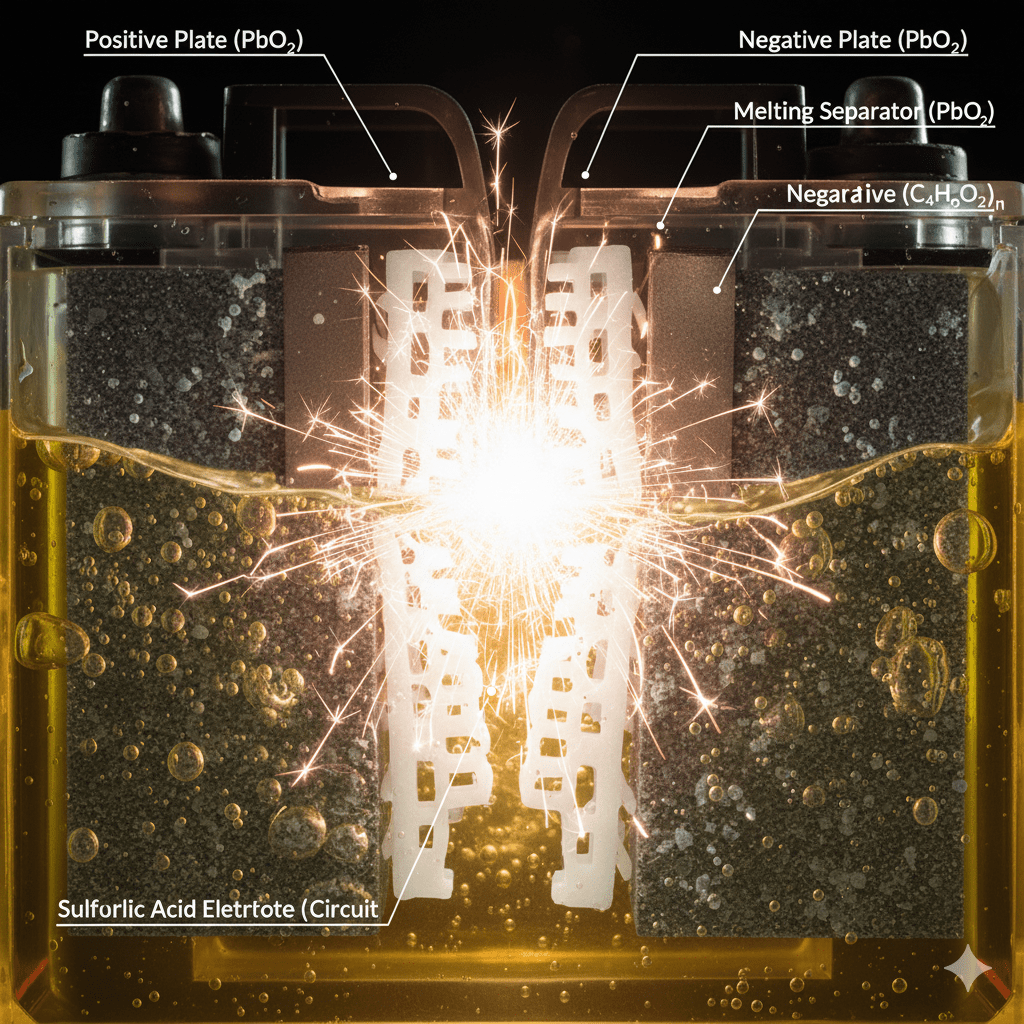 Separator melting causing internal battery short.