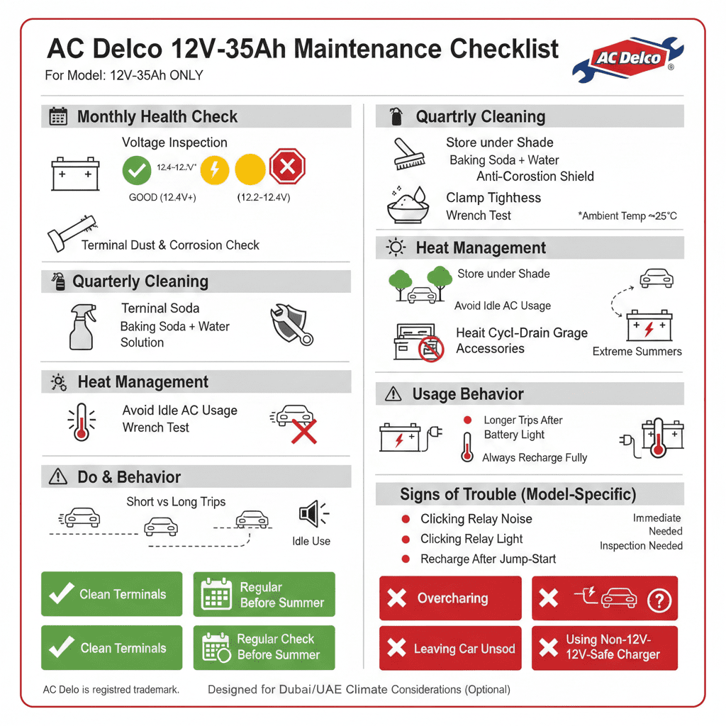 AC Delco 12V-35Ah battery maintenance checklist showing voltage checks, terminal cleaning, heat management, usage behaviors and troubleshooting signs.