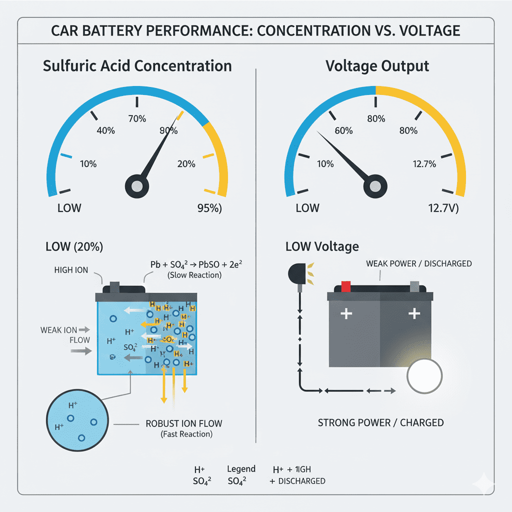 Higher acid levels produce stronger voltage. Acid concentration affecting battery voltage