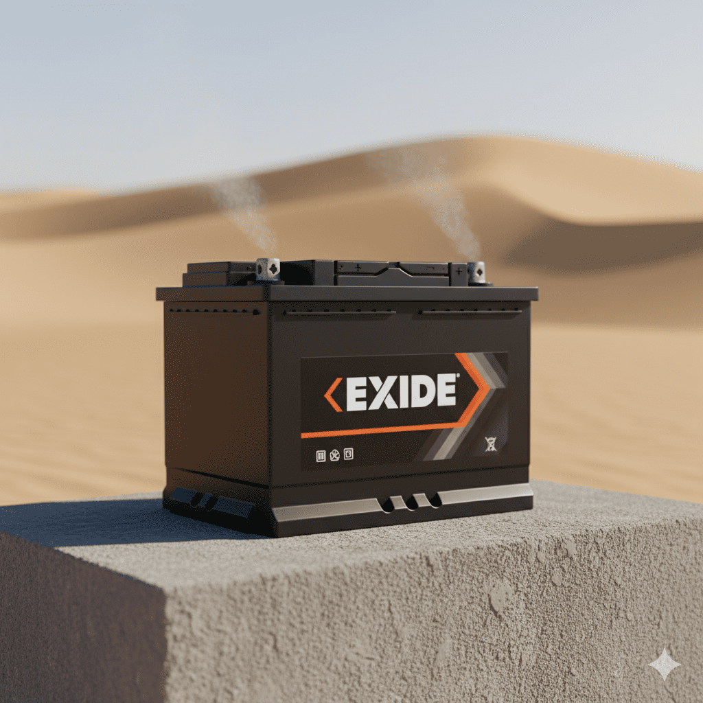 Standalone Exide car battery with clear branding, suitable for high-heat Dubai conditions.