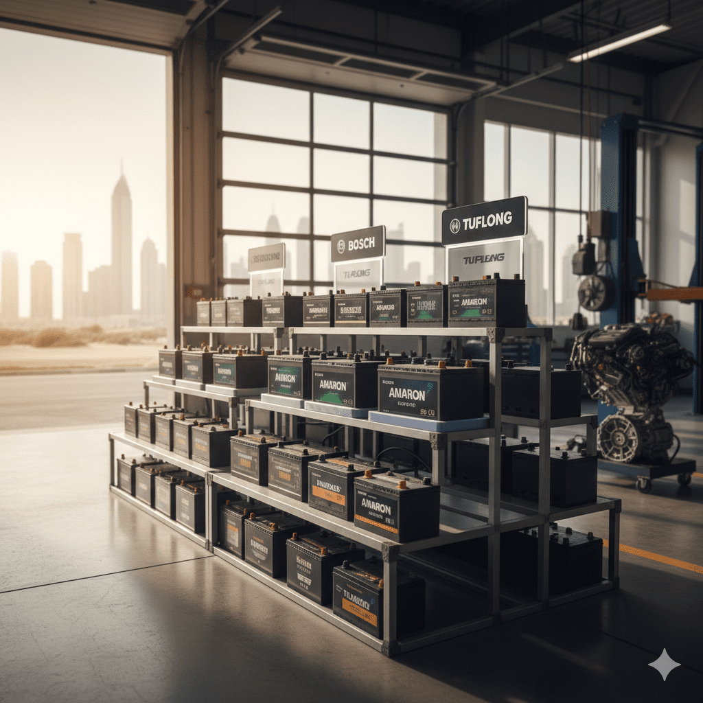 A realistic visual of a Century battery on its own, highlighting its design, durability, and suitability for UAE vehicles in extreme desert and urban heat.