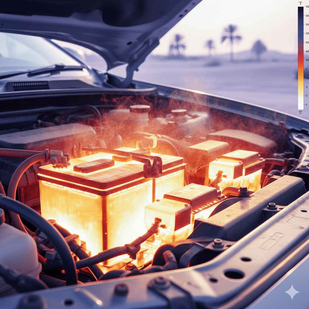 Thermal view of electronics overheating near car battery.