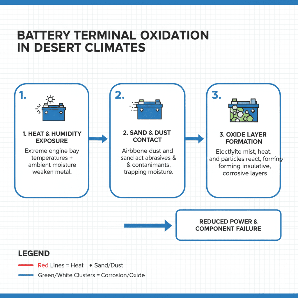 Oxidation stages on battery terminals in desert climate