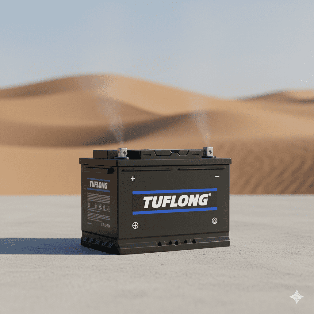 Standalone Tuflong car battery with clear branding, suitable for Dubai high-heat and urban conditions.