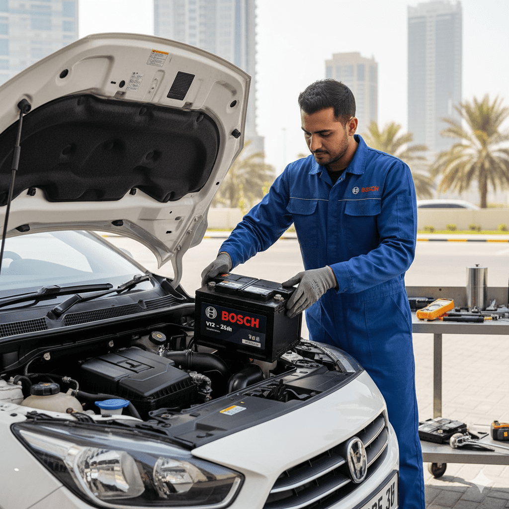 Technician installing Bosch V12 – 25Ah battery