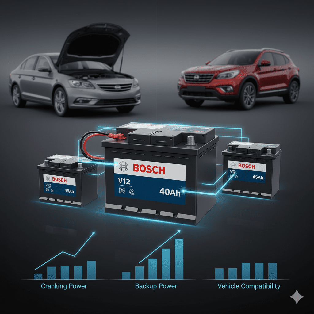 Capacity and performance comparison of Bosch V12 40Ah, 35Ah, and 45Ah batteries