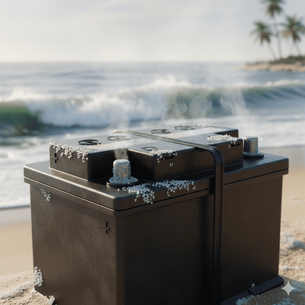 Electrolyte evaporation occurring in a car battery near a coastal environment.