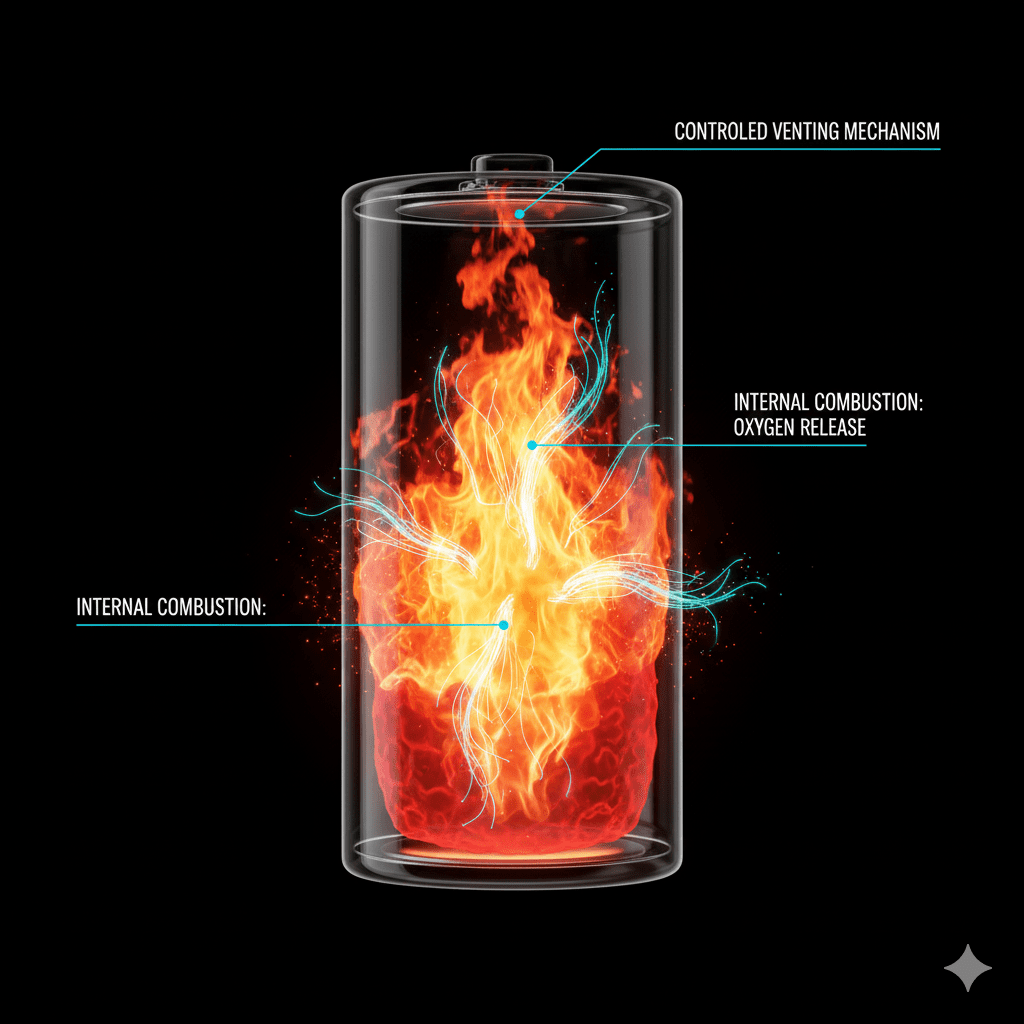 Oxygen release during battery fire combustion
