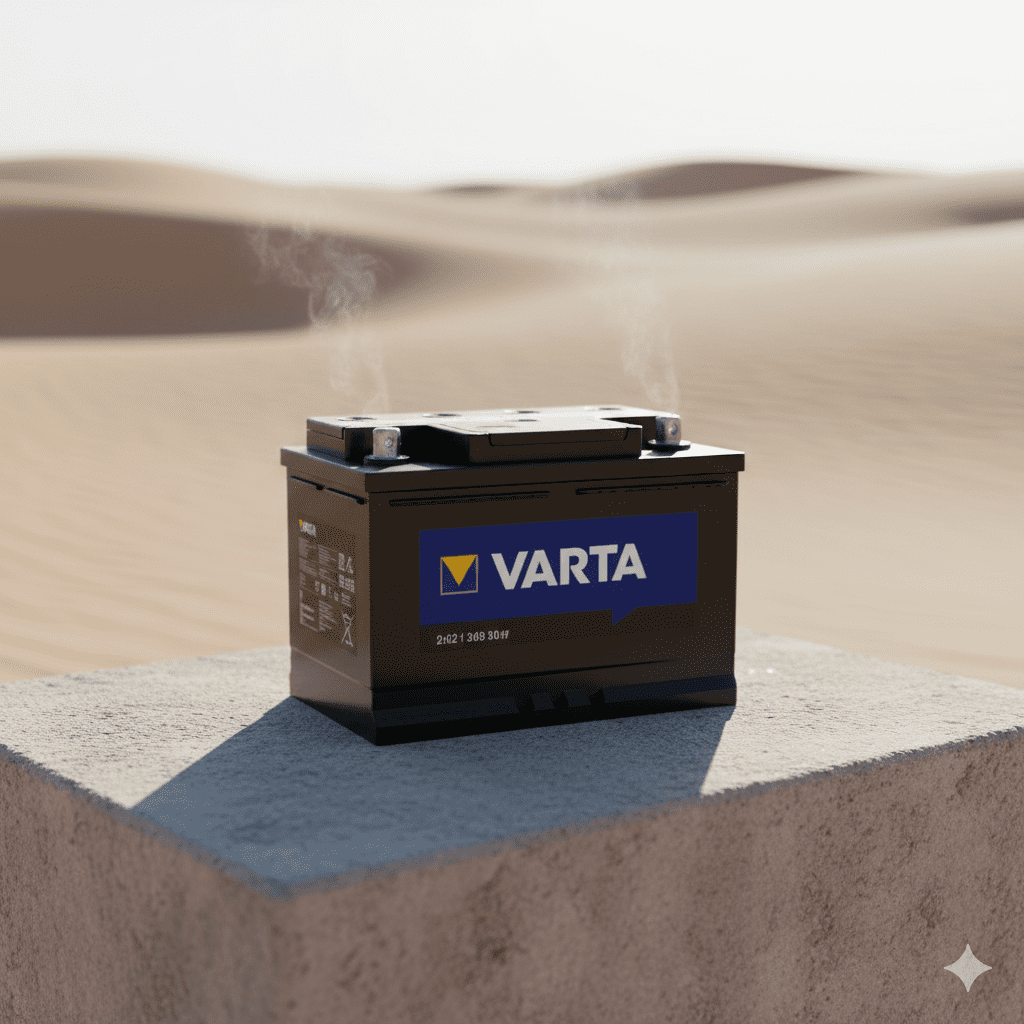 Standalone Varta car battery with clear branding, suitable for high-temperature Dubai conditions.