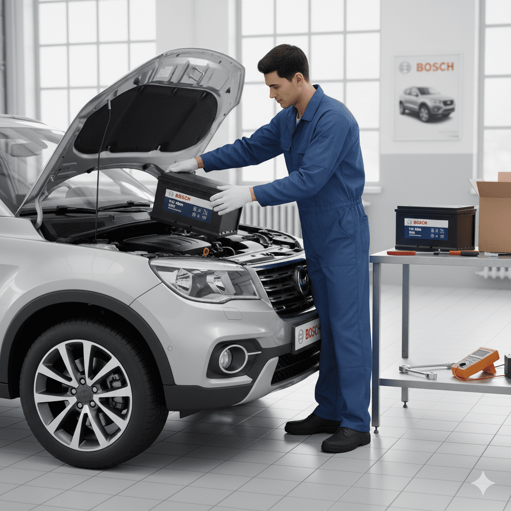 Close-up of car battery health report displayed on a diagnostic device inside an auto workshop in Dubai Alt Text: Car battery health check Dubai Title: Car Battery Health Check Dubai Caption: Professional battery health analysis for reliable vehicle performance