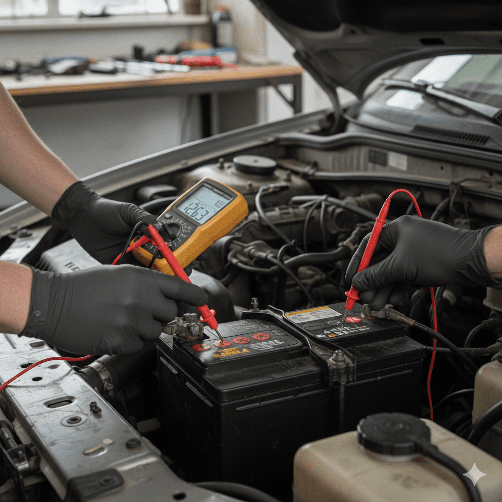 An image showing the use of a digital multimeter to check battery voltage during a home inspection process.