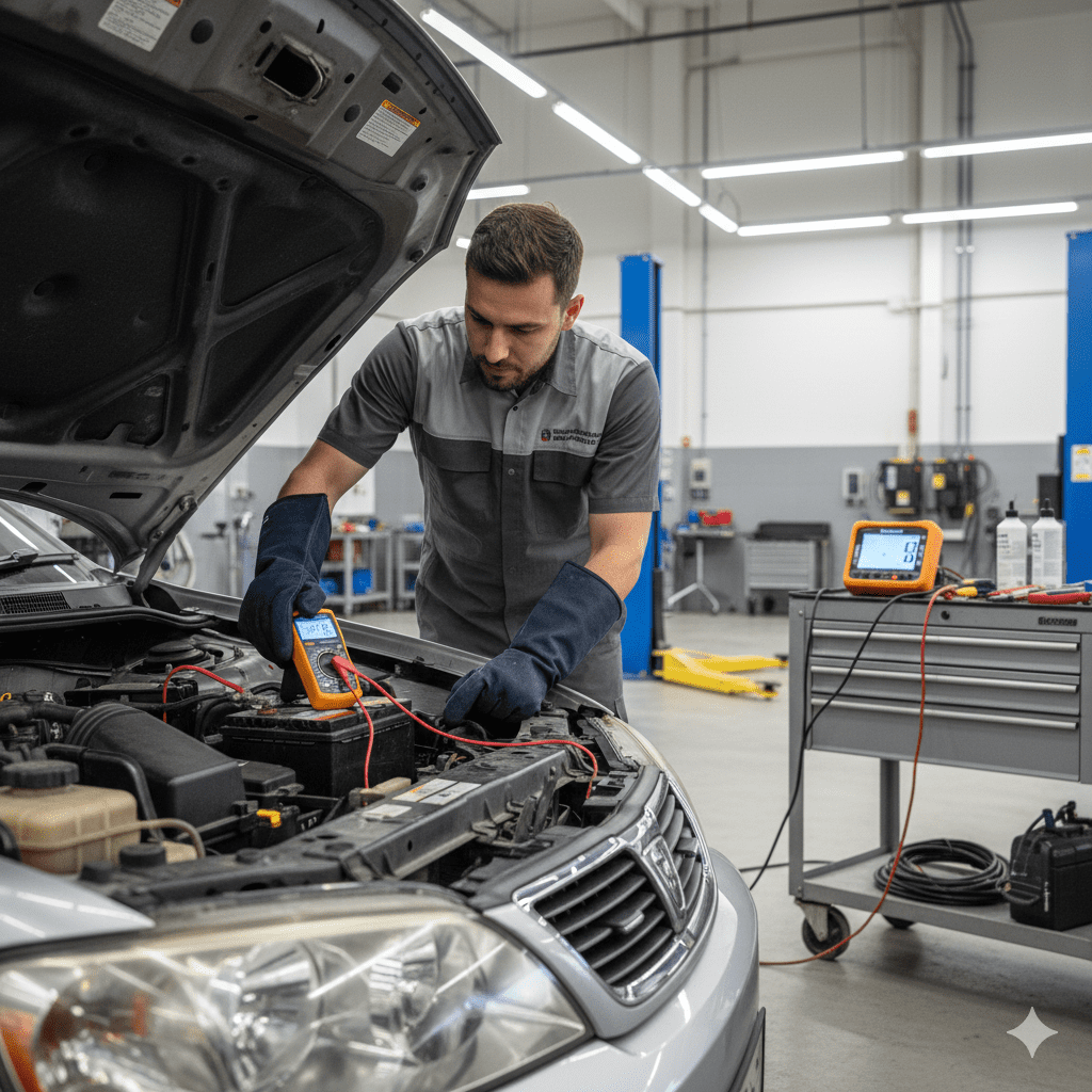 Technician inspecting car battery to prevent heat damage.