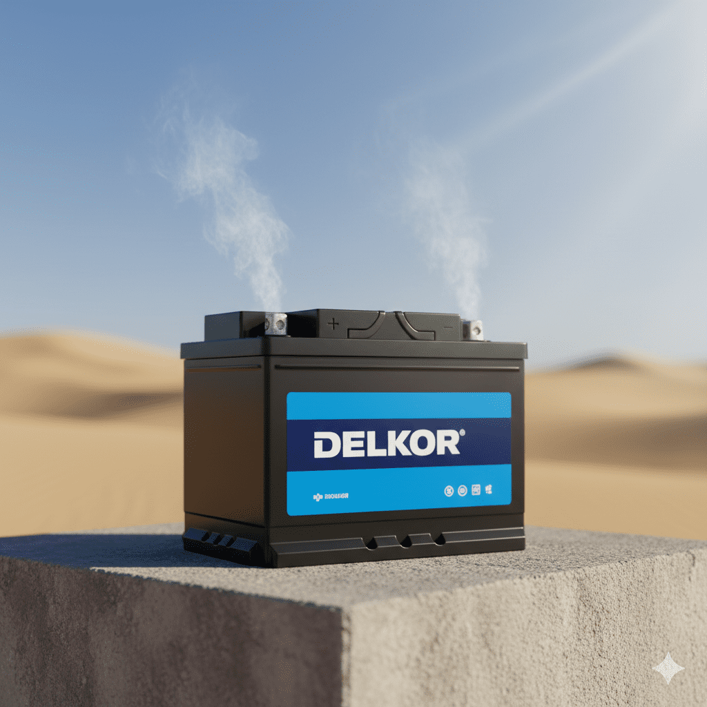 Standalone Delkor car battery with clear branding, suitable for high-heat Dubai conditions.
