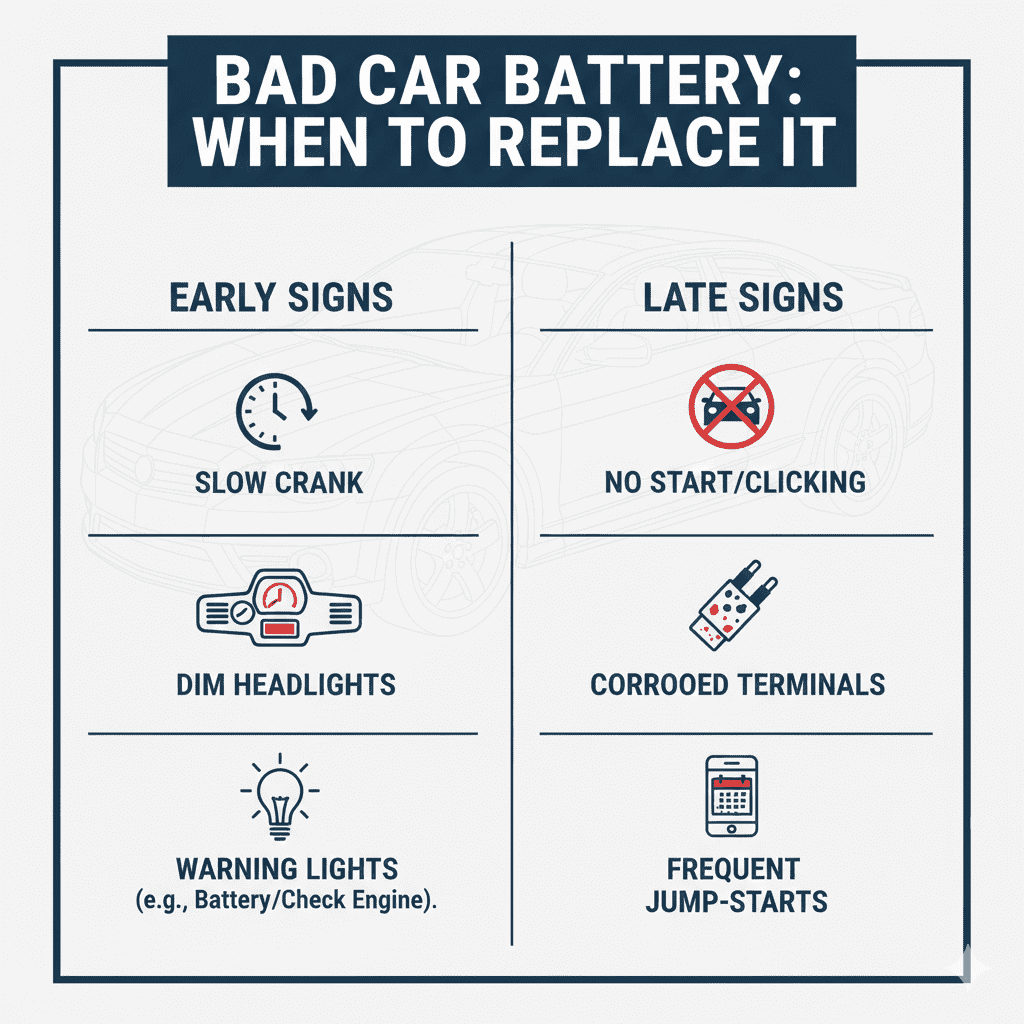 Early detection of battery signs helps avoid roadside breakdowns. Infographic showing early and late car battery failure signs